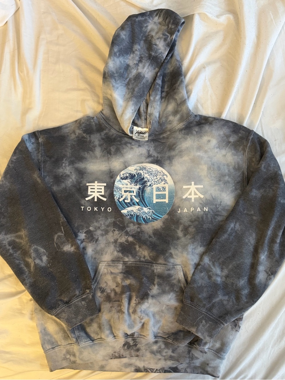 Tokyo Japan Wave Graphic Crewneck Hoodie - Gray/Blue Tie-Dye